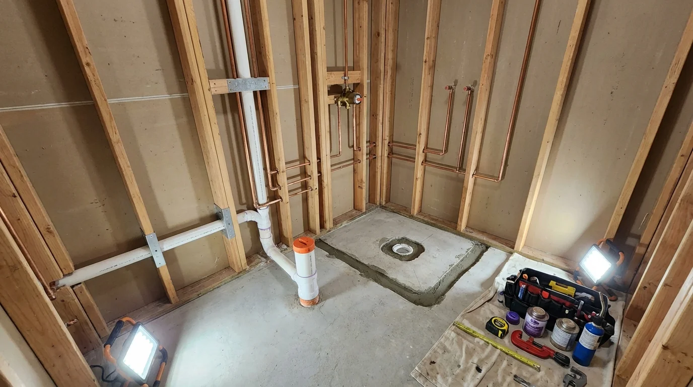 Bathroom rough-in plumbing during remodel by Johns Plumbing LLC in Massapequa