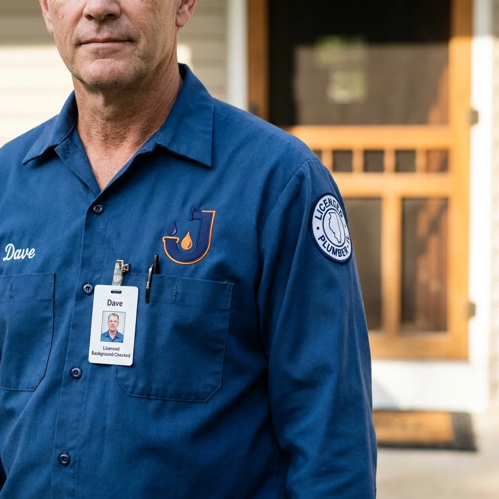 Licensed plumber showing ID badge in Massapequa, NY