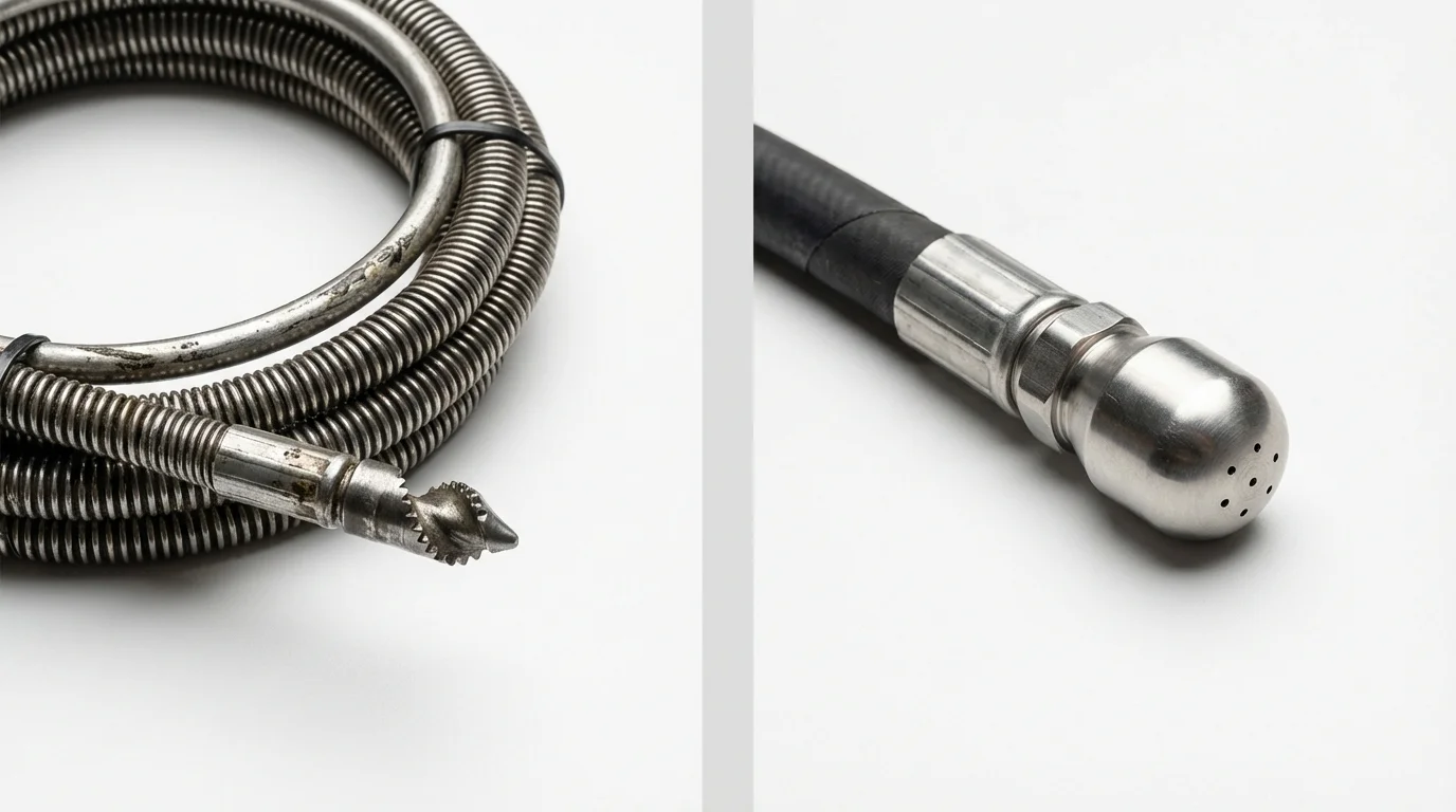 Drain snake cable and hydro jetting nozzle used for drain cleaning in Massapequa, NY