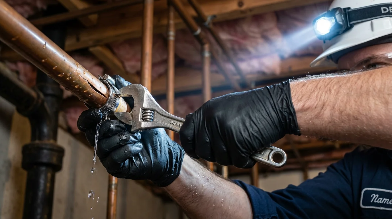 Emergency pipe clamp repair being performed by a Johns Plumbing LLC plumber in Massapequa