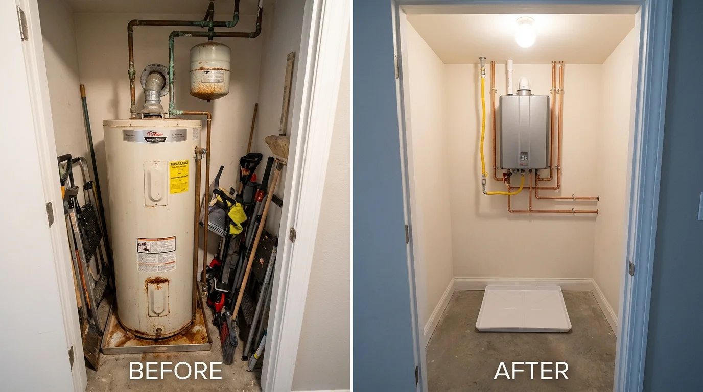 Tank water heater versus wall-mounted tankless unit comparison for Massapequa, NY homeowners