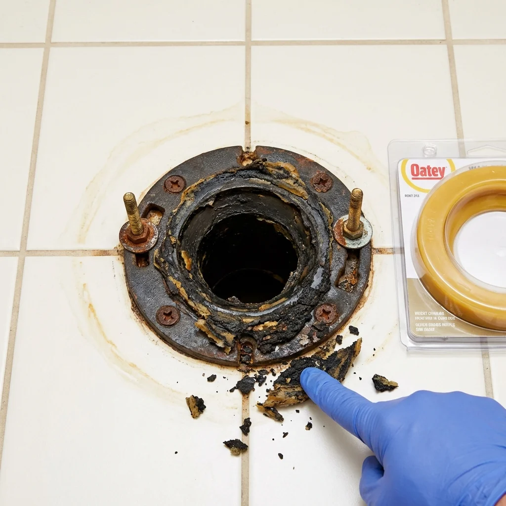 Failed wax ring showing water seepage at the base of a toilet in a Massapequa, NY home