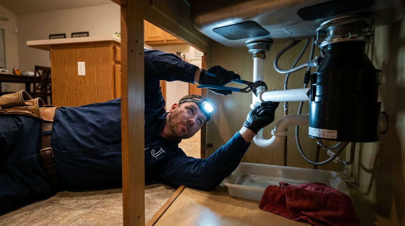 P-trap and supply line connections under a kitchen sink showing a common leak point in Massapequa, NY
